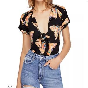 Free People Tie-Front Top in Black with Butterfly Print